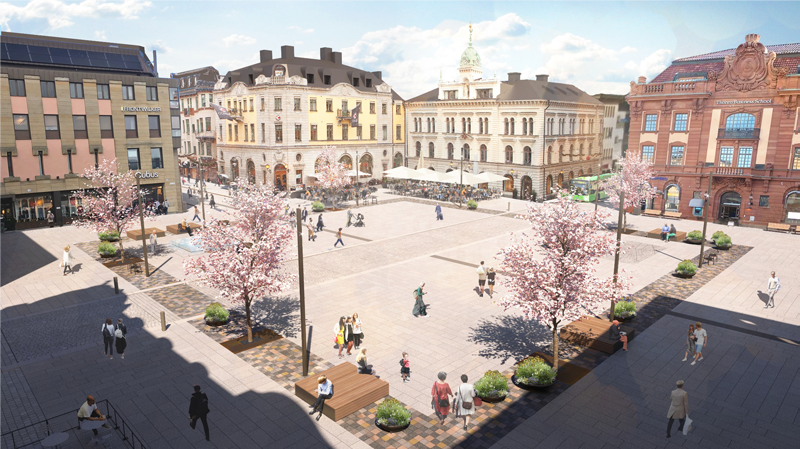 Arkitektskiss av Stora torget som det ska se ut efter ombyggnaden.