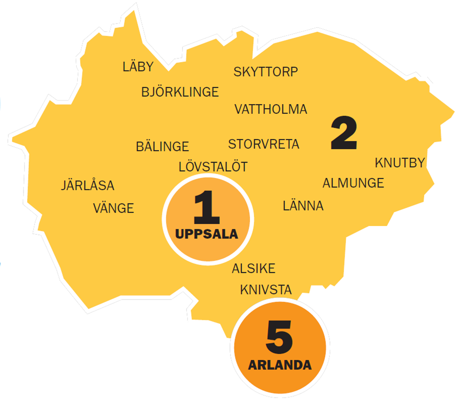 zonkarta över kollektivtrafikzonerna 1, 2 och 5 i uppland.