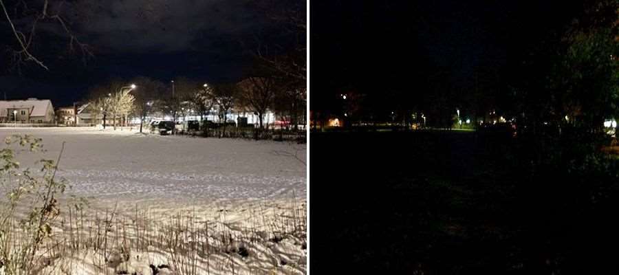 Ny belysning gör stor skillnad för hur en plats upplevs. Så här ser det ut vid Hjalmar Brantingsgatan före (till höger) och efter att ny belysning kommit på plats.