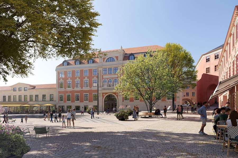 Visionsbild av Fyristorg i ny tappning. Ett grönare, trivsammare och tryggt torg med bättre plats för torghandel, uteserveringar och evenemang, något som önskats när Uppsalaborna, stadens näringsidkare, fastighetsägare och Uppsala Citysamverkan fått säga sitt. Visonsbild: Nyréns Arkitektkontor.