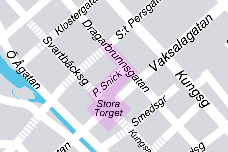 Karta över centrala Uppsala med markeringar på platser där kameror finns