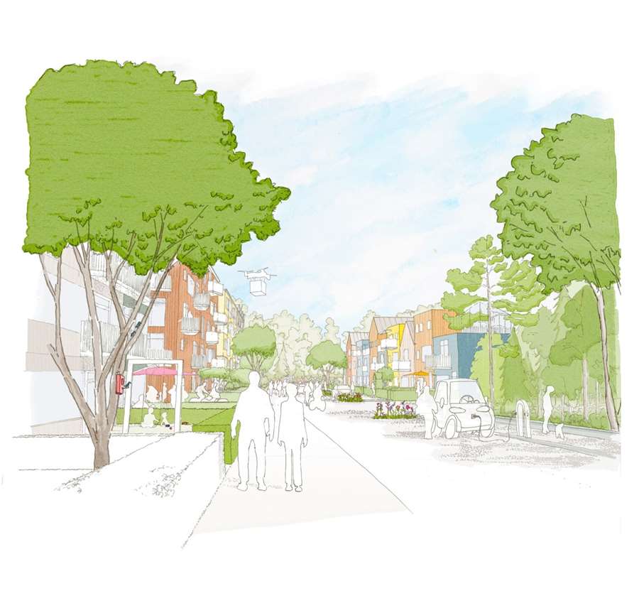 Skiss på hur bebyggelsen i de sydöstra stadsdelarna kan se ut i framtiden.