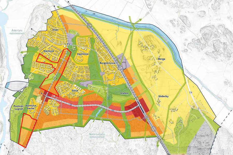 Plankarta över de Sydöstra stadsdelarna med östra och södra Nåntuna utmarkerade.