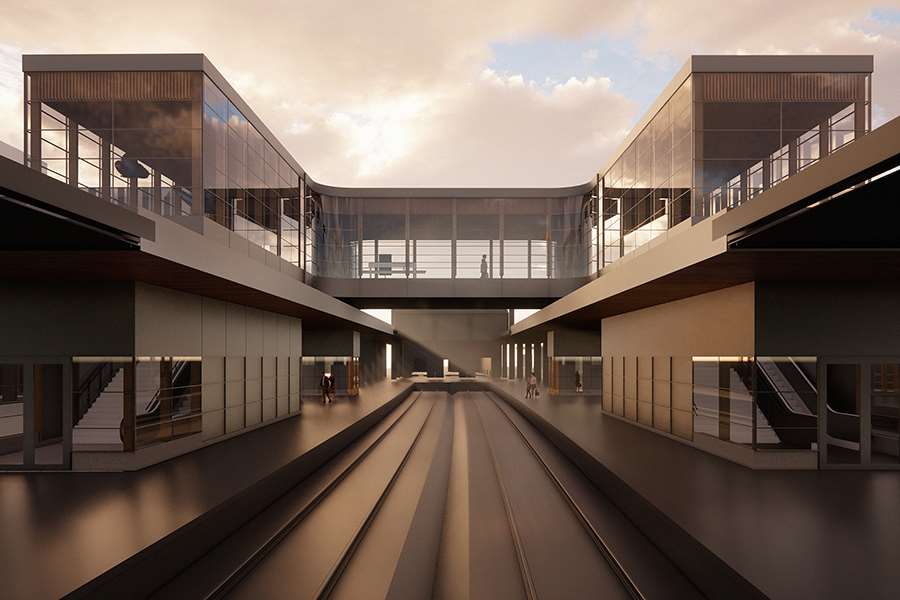 Vy över den framtida bron som visar den sett från järnvägsspåren.