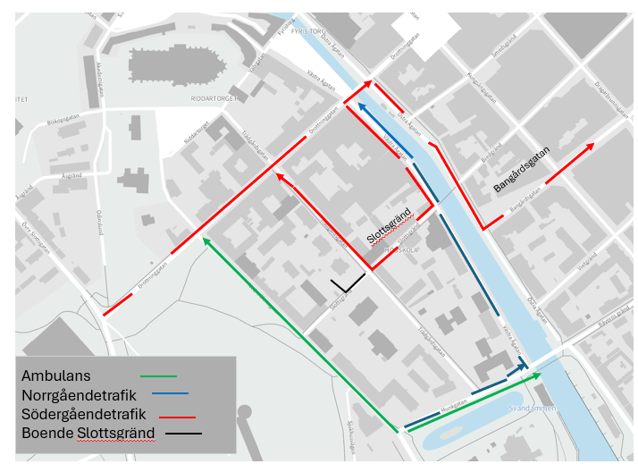 Karta på området runt Munkgatan som visar vilka gator som får användas.