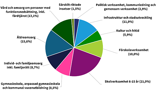 Tårtdiagram kommunbidrag per verksamhet 2025