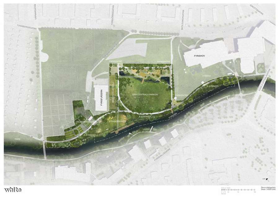 Norra stadsparken vid Fyrishov planeras bli en grön mötesplats med gång- och cykelstråk längs Fyrisån, med gott om plats för lek, aktiviteter och evenemang. Illustration: White.