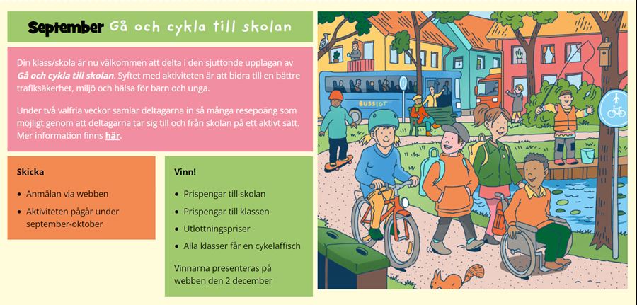 Bild frå trafikkalendern om att gå och cykla till skolan