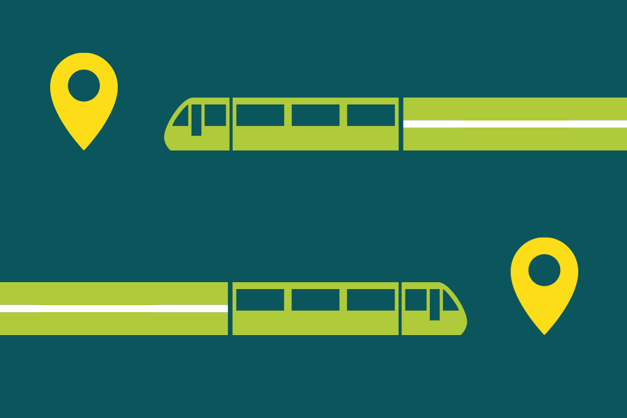 Illustration av två spårvagnar på väg mot varsin målnål.