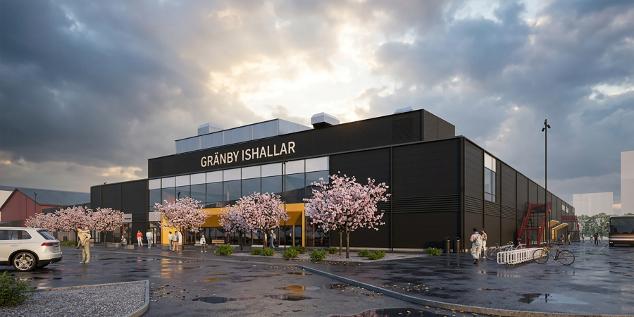 Arkitektens skiss av den ombyggda Gränby ishall A, från öster. AI-genererad bild