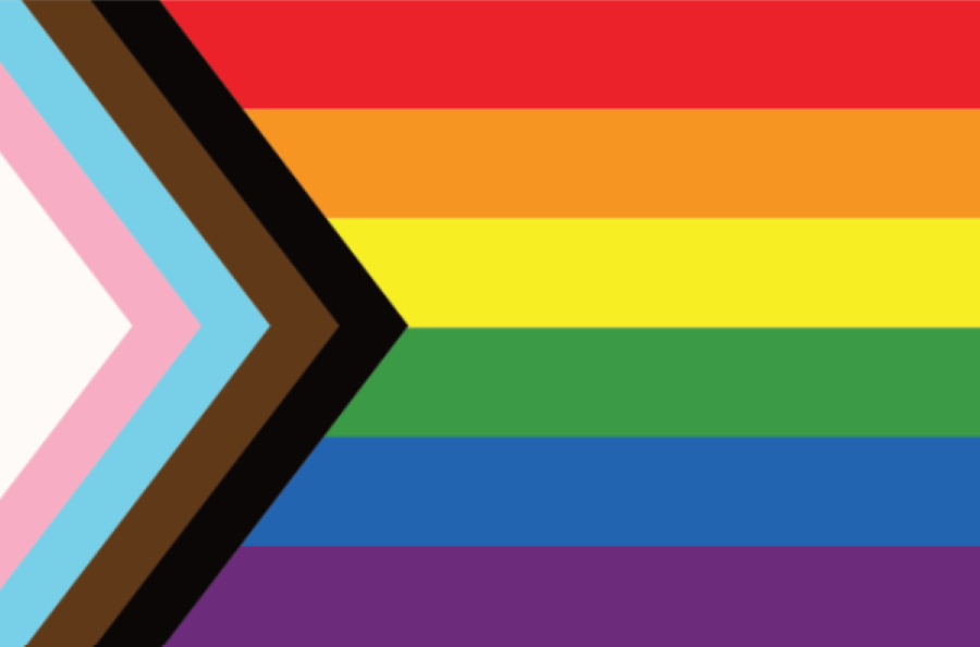En regnbågsflagga med en pil från vänster i färgerna vit, rosa, ljusblå, brun och svart