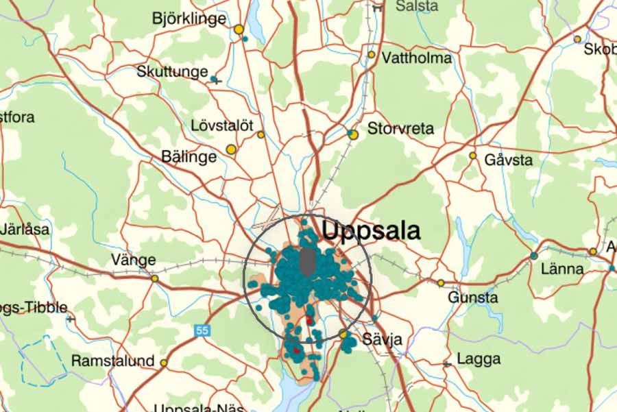 Karta över Uppsala regionen och markeringar för skyddsrum
