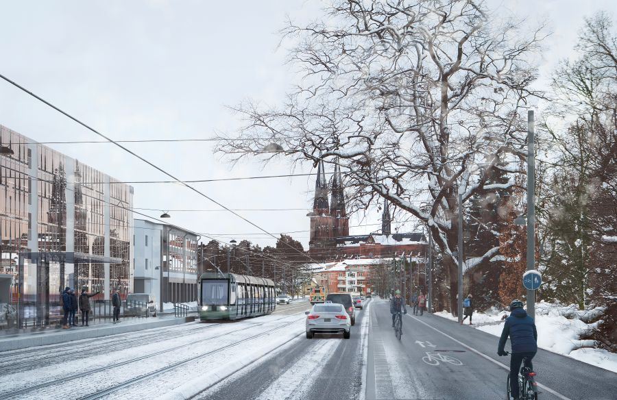 Målbild på hur spårväg kan se ut på Sjukhusvägen i Uppsala.