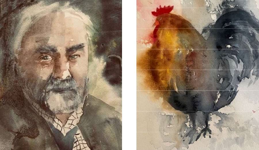 Akvarellmålningar av Ewa Lagergren till vänster och Margareta Skarin till höger