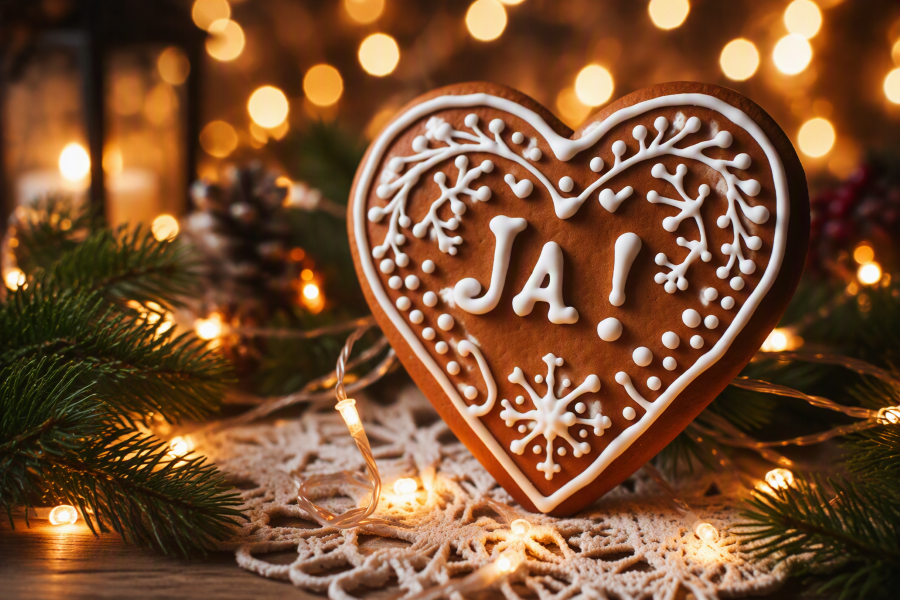 Pepparkakshjärta med ordet "Ja". Drop-in bröllop på Julmarknaden i Ulleråker 28 november 2026.