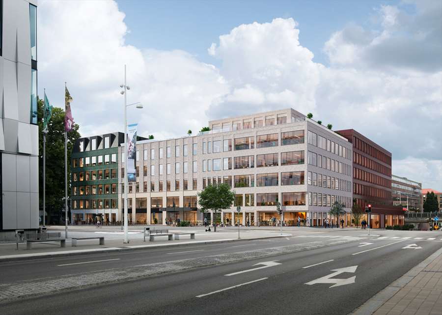Bild över hur kvarteret Siv ska utvecklas. Ljus fasad med bland annat hotell och restauranger.