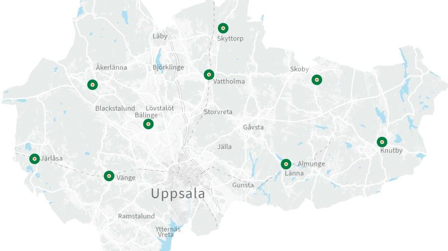 Karta &ouml;ver Uppsala som visar var servicepunkterna ligger
