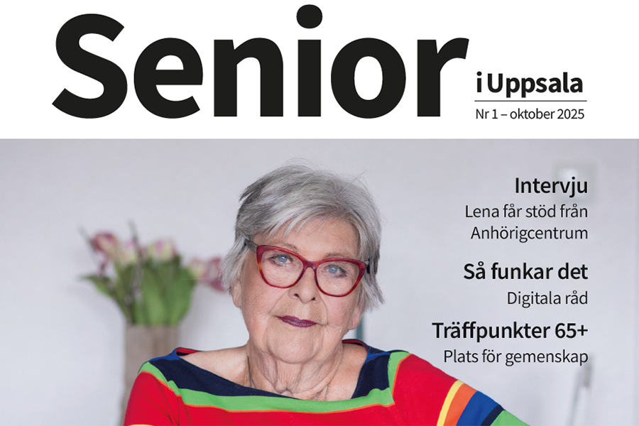 Kvinna i färgglad tröja pryder omslaget på första numret av tidningen Senior i Uppsala