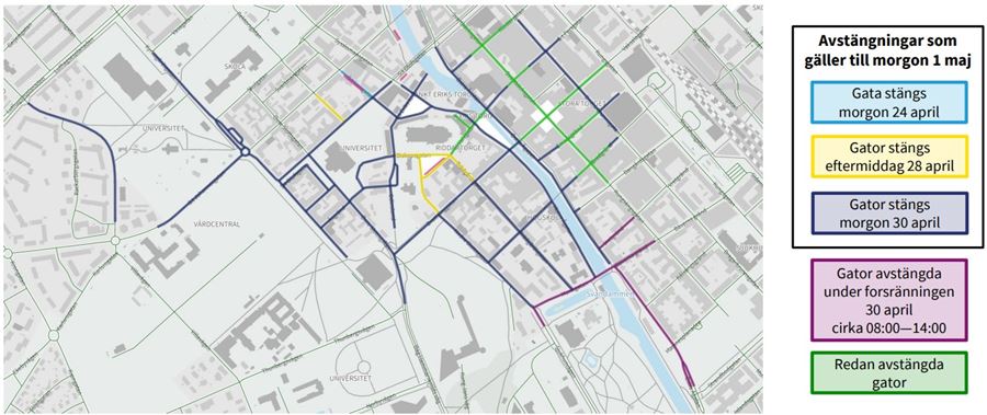 Karta över gatuavstängningar under Valborg i Uppsala 2026.
