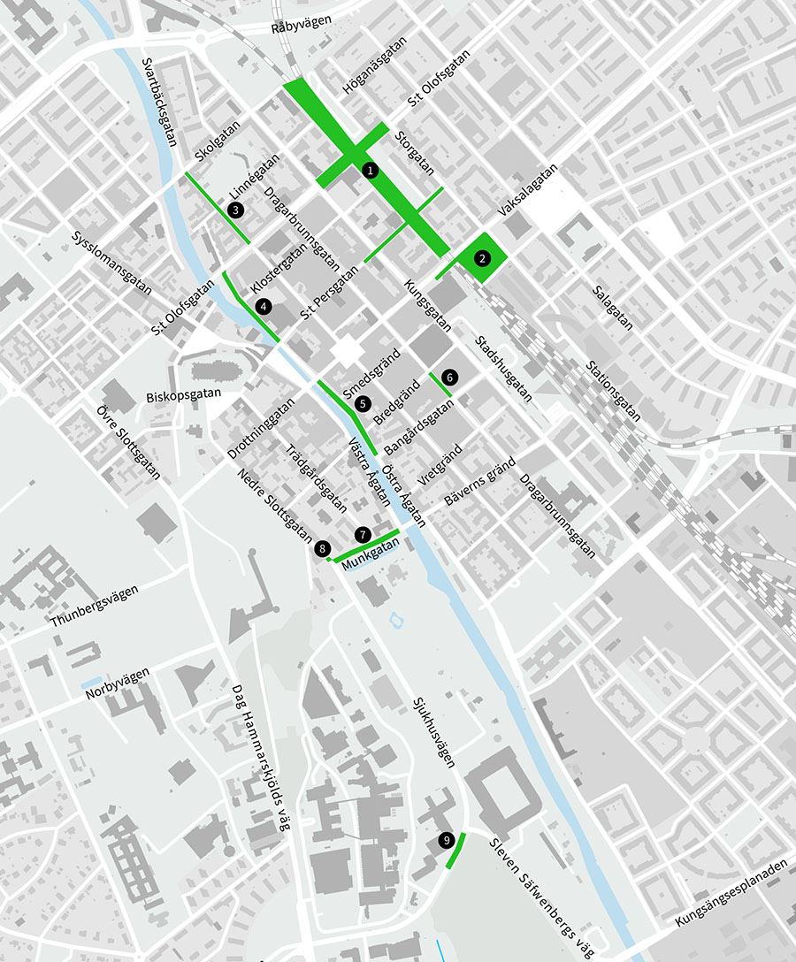 Karta som visar på avstängningar och utvecklingsprojekt i Uppsala sommaren 2026