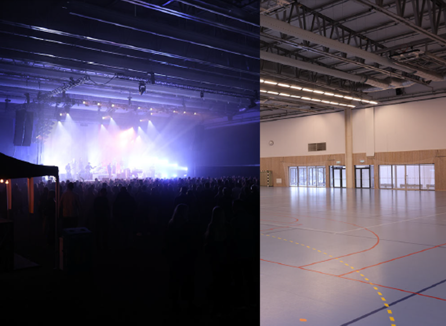 Bildcollage av samma hall i två olika funktioner - som idrottshall och  konsertarena.