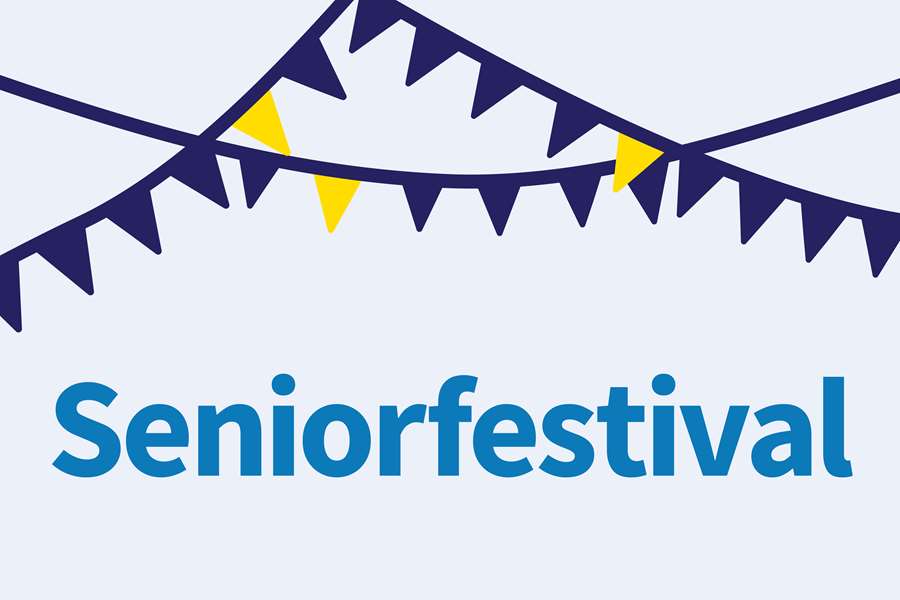 Tecknade vimplar i blått och gult. Text Seniorfestival