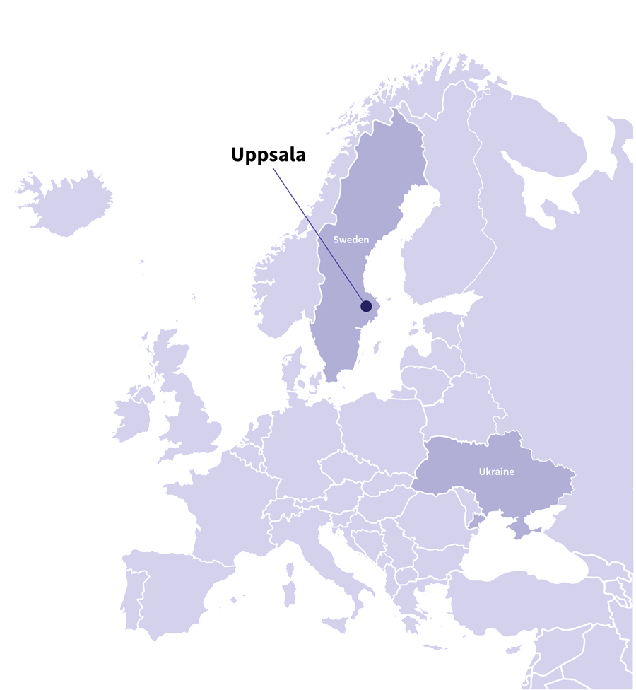 Map of Europe that shows the position of Uppsala relative to Ukraine