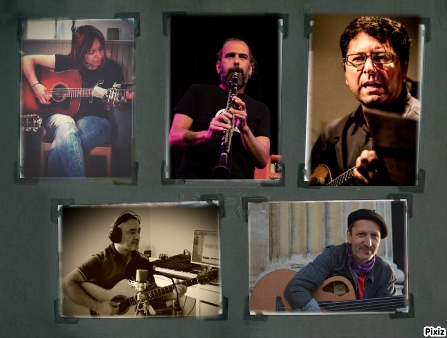 Fem bilder i ett kollage med personer som spelar instrument