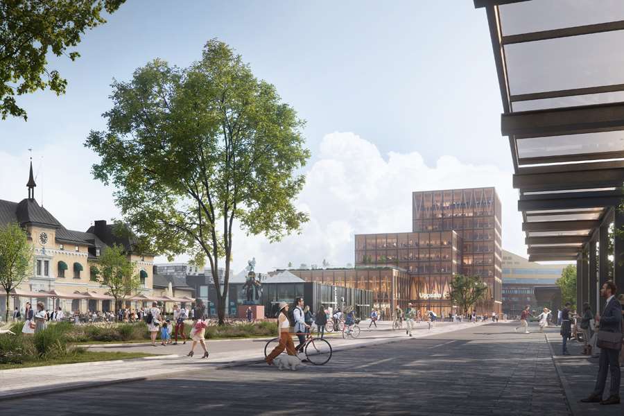 Visionsbild över stationsområdet sett från Stadshusgatan vid Stadshuset. Illustration av C. F. Møller Architects.