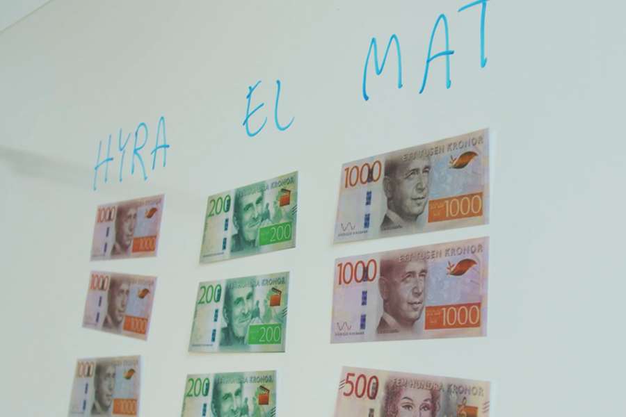 Whiteboardtavla med texten hyra, el, mat och kontanter uppklistrade på tavlan.