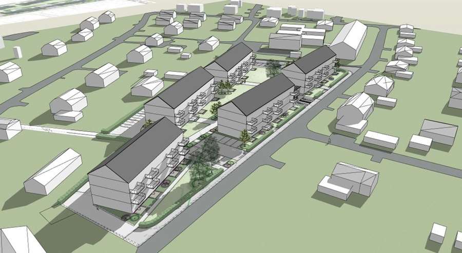 Det blir flerbostadshus bland villorna i Björklinge enligt den nya detaljplanen. Illustration: PE Projektengagemang
