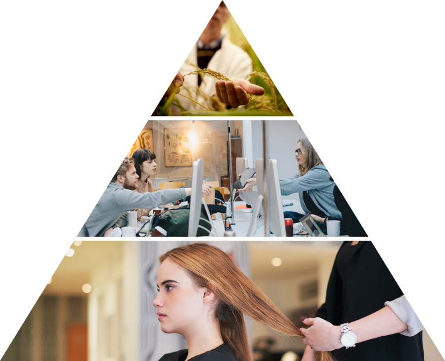 En pyramid i tre delar: underst vardagliga tjänster med frisör, mellan affärstjänster som IT, överst exportindustrin och forskning.