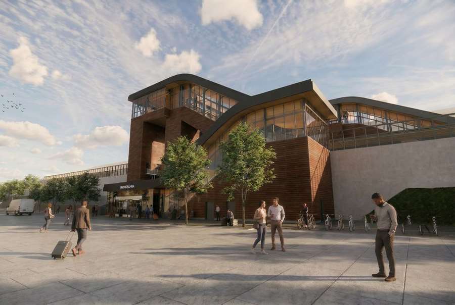 Bergsbrunna station är dimensionerad för att kunna ta emot 30 000 resenärer dagligen när den står klar 2034. Här sedd från den östra sidan.