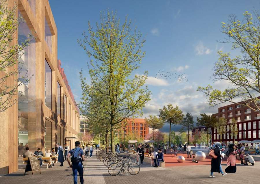 Det nya torget i hjärtat av Gottsunda ska bli den självklara platsen att ses – en levande knutpunkt för både boende och besökare. Visionsbild: Mandaworks, Warm in the winter.