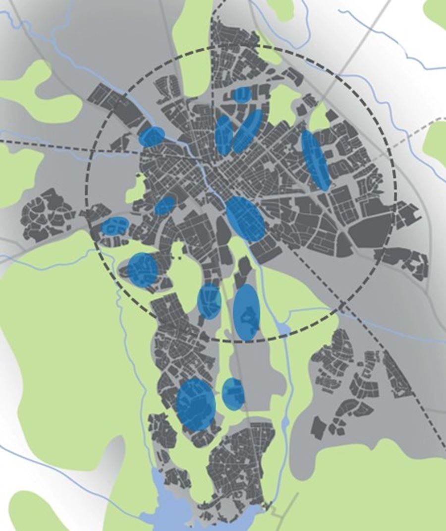 Karta som visar utbyggnadsläge och närtidsinriktning. I kartan markeras pågående projekt eller initiativ med blå färg, cirka 27 000. I övriga staden 5 000.