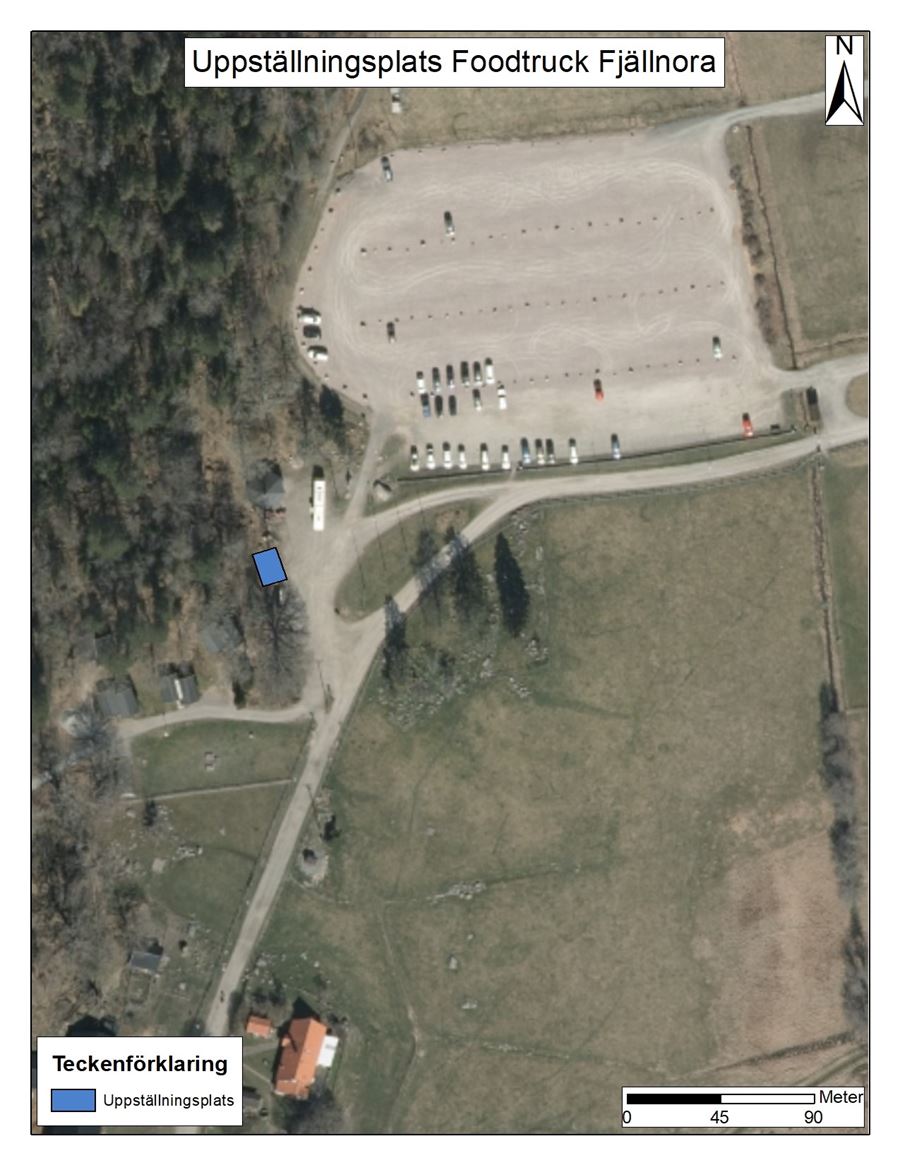 Uppställningsplatsen för food truck i Fjällnora finns snett bakom den stora parkeringen mot badet till.