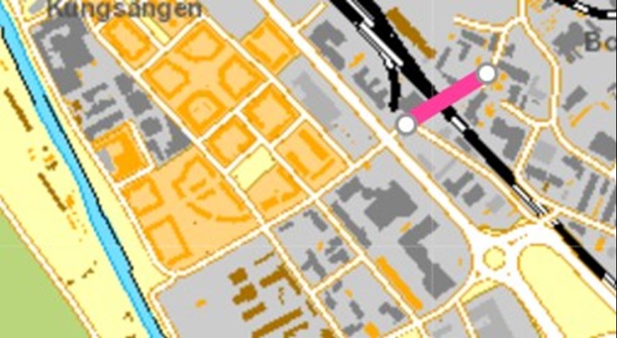 Kartbild där planskildhet preciserad till Kungsängsesplanadens förlängningsängsesplanaden.