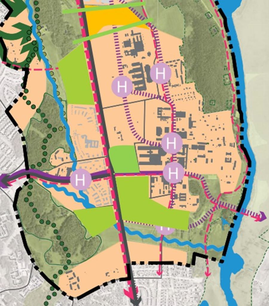 Kartbild från fördjupning Södra staden, precisering markerat med grön och orange färg