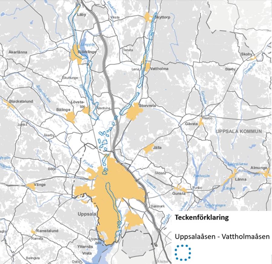 Karta som visar Uppsala-Vattholmaåsen.