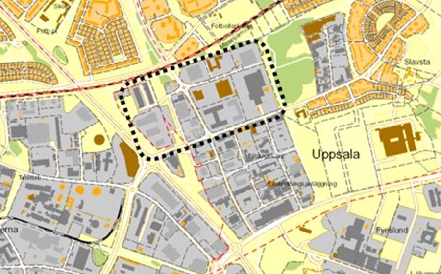 Kartbild där Nordvästra delen av Fyrislunds verksamhetsmiljö är markerad.