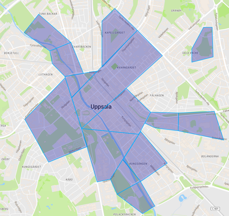 Karta som markerar Stadskärnan, Kapellgärdet, Kvarngärdet, Källparken, Fyrishovs ytterområden, Industristaden, området kring Fålhagsleden, studentområdet runt Engelska parken och området från Akademiska sjukhuset till Kap.
