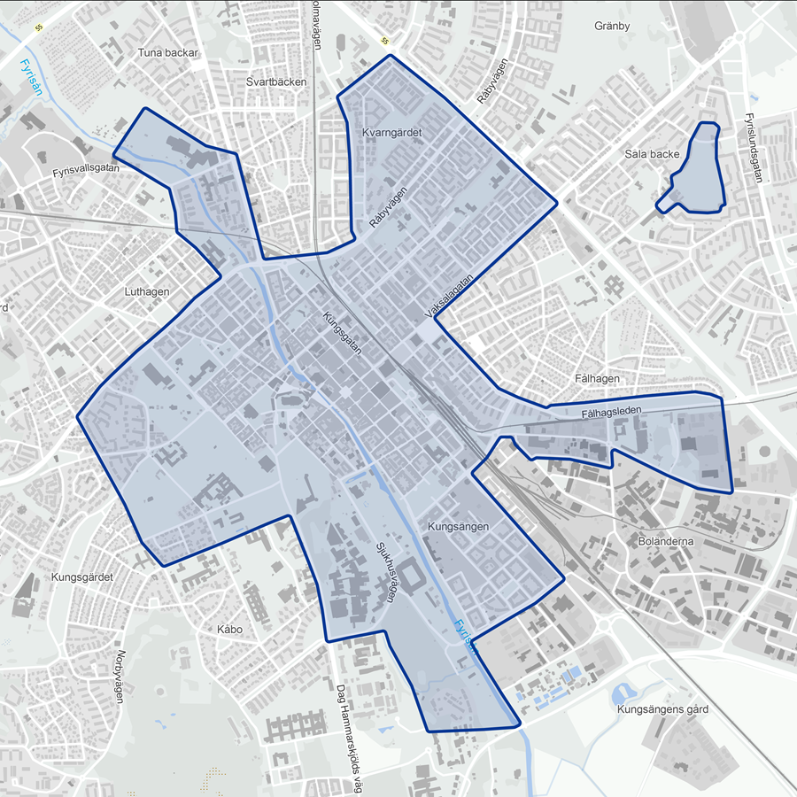 En karta som markerar ut stora delar av centrala Uppsala och Källparken i Salabacke.