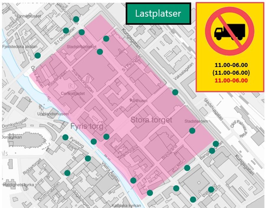 Karta som visar var tung trafik endast är tillåten på förmiddagar i innerstaden. Området begränsas av S:t Olofsgatan, Kungsgatan, Bangårdsgatan och Fyrisån. Kartan visar också var det finns avlastningsplatser i och strax utanför området. Det är totalt 21 stycken avlastningsplatser.