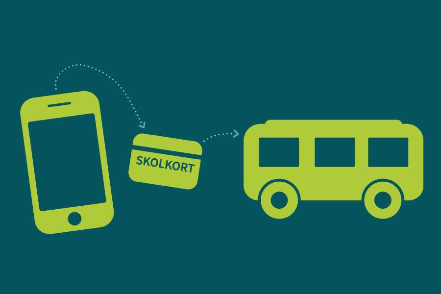 Illustration med mobiltelefon, busskort och buss