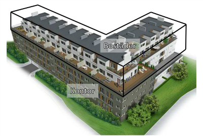 P&aring; bilden ser du ett exempel p&aring; en 3D-fastighet f&ouml;r bost&auml;der och kontor.