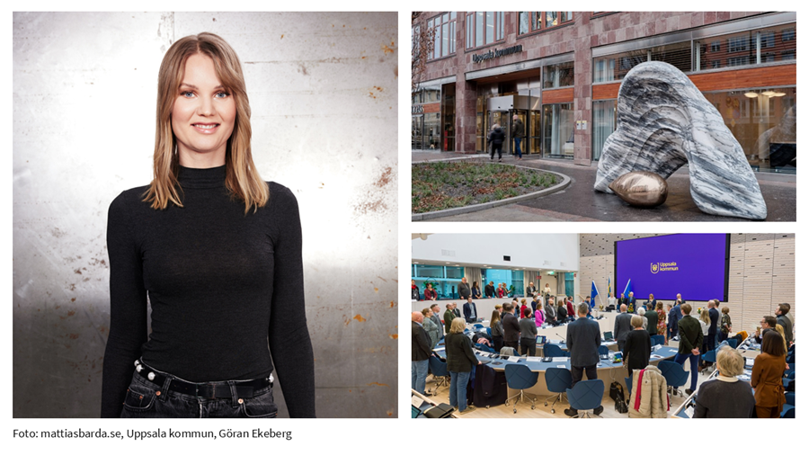 kollagebild med Emma Frans, konst och bild från kommunfullmäktigesalen