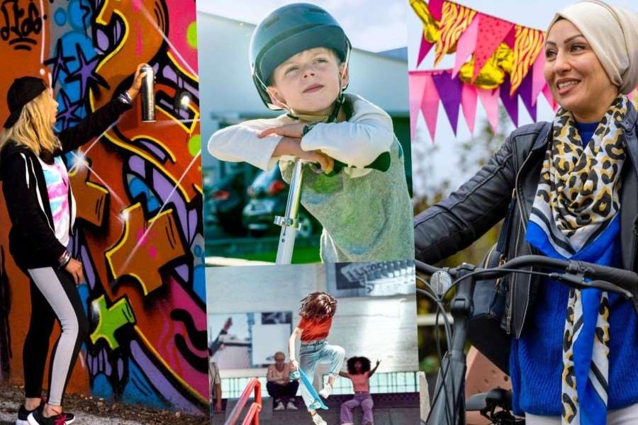 Bildcollage med cykel, grafitti och skateboard