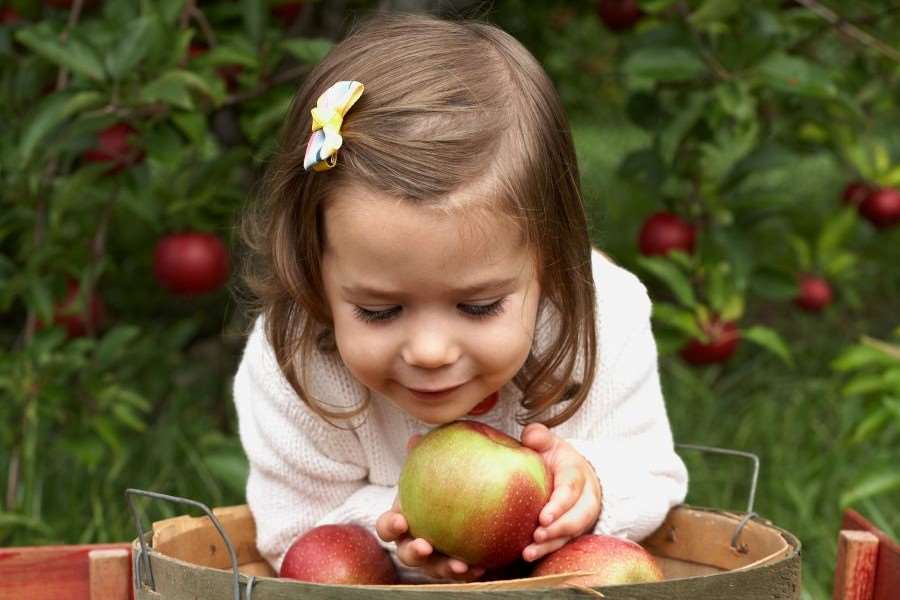 Flicka som håller i ett äpple