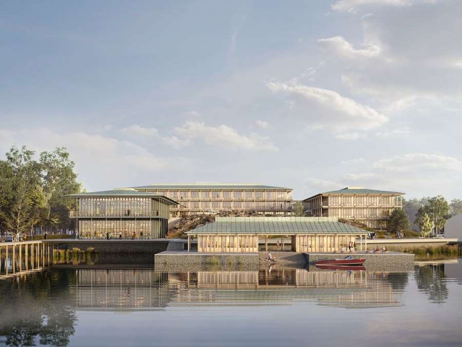 Ett destinationshotell ska stärka Skarholmen som besöksmål. Visionsbilden är ett exempel på hur hotellet skulle kunna se ut. I förgrunden syns även det kallbadhus som planeras.
