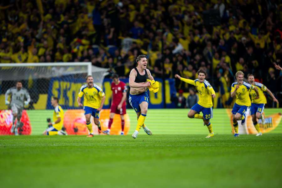 Viktor Gyökeres firar efter FIFA World Cup Qualifier finalmatch mellan Sverige och Polen 31 mars 2026 i Stockholm.